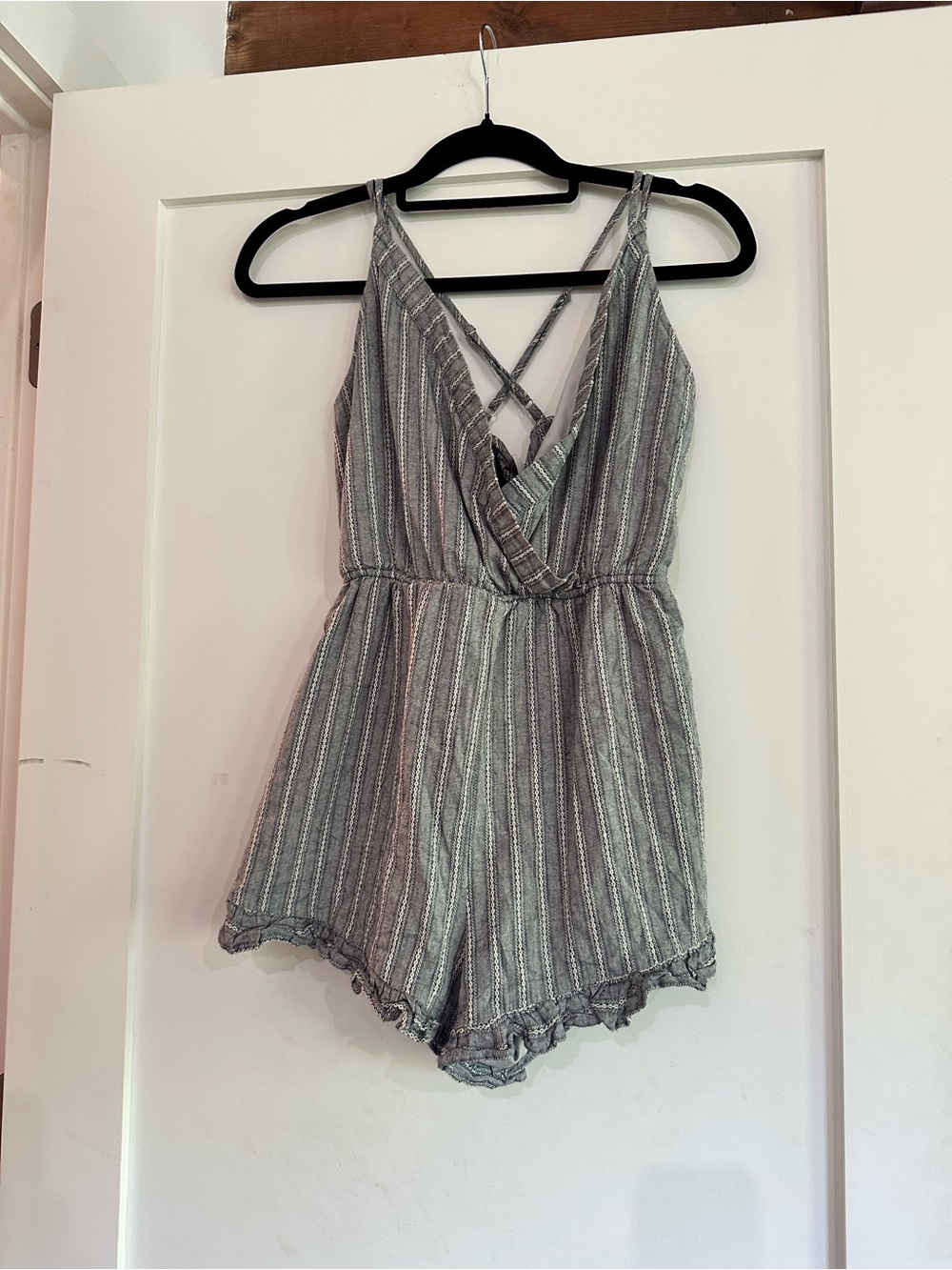 Paper Crane Gray Striped V-Neck Romper